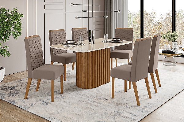 Conjunto de Mesa Solana 160cm c/ Vidro e Canto Redondo + 06 Cadeiras Nina Marrom Amendoa - Móveis Henn