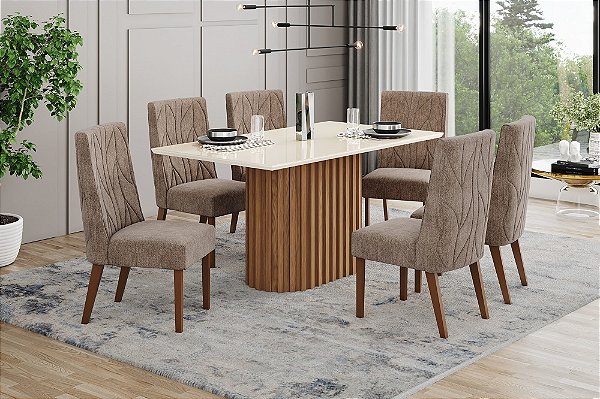 Conjunto de Mesa Solana 160cm c/ Vidro + 06 Cadeiras Eloa Cacao - Móveis Henn