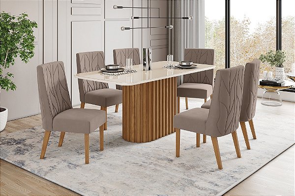 Conjunto de Mesa Solana 180cm c/ Vidro e Canto Redondo + 06 Cadeiras Eloa Marrom Amendoa - Móveis Henn