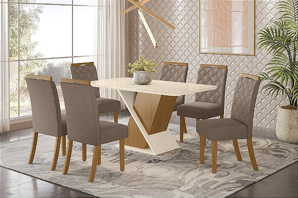 Conjunto de Mesa Solus 160cm c/ Vidro e Canto Redondo + 06 Cadeiras Bella Marrom Amendoa - Móveis Henn
