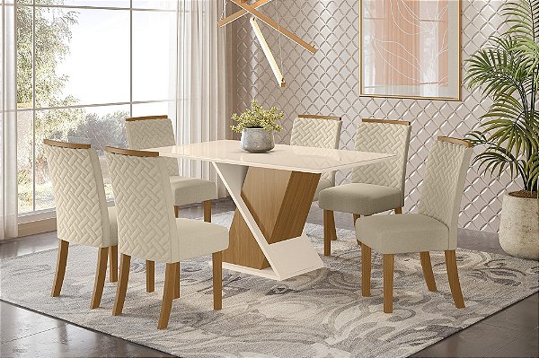 Conjunto de Mesa Solus 160cm c/ Vidro + 06 Cadeiras Malu Linho - Móveis Henn