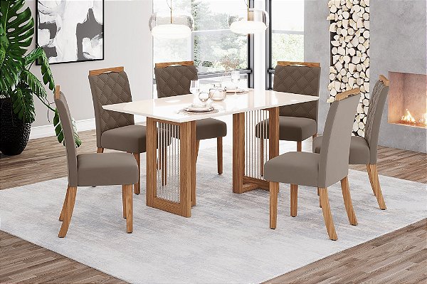 Conjunto de Mesa Yara 160cm + 06 Cadeiras Bella Marrom Amendoa - Móveis Henn