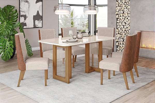 Conjunto de Mesa Yara 160cm c/ Vidro e Cantos Redondos + 06 Cadeiras Anne Corano Caramelo/Linho - Móveis Henn