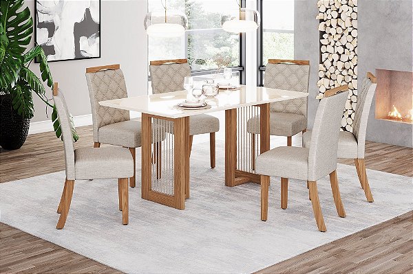 Conjunto de Mesa Yara 160cm c/ Vidro + 06 Cadeiras Bella Linho - Móveis Henn