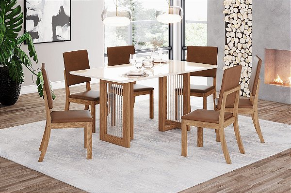 Conjunto de Mesa Yara 160cm c/ Vidro + 06 Cadeiras Milla Plus Corano Caramelo - Móveis Henn