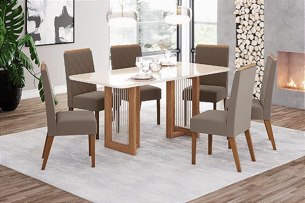 Conjunto de Mesa Yara 180cm c/ Vidro e Cantos Redondos + 06 Cadeiras Nina Marrom Amendoa - Móveis Henn