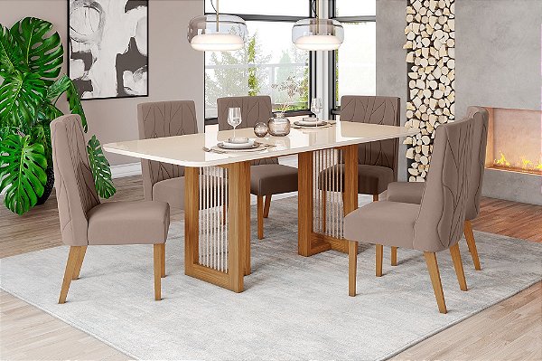 Conjunto de Mesa Yara 200cm c/ Vidro e Cantos Redondos + 06 Cadeiras Eloa Marrom Amendoa - Móveis Henn