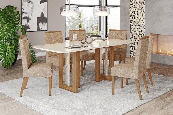 Conjunto de Mesa Yara 200cm c/ Vidro e Cantos Redondos + 06 Cadeiras Nina Creme - Móveis Henn