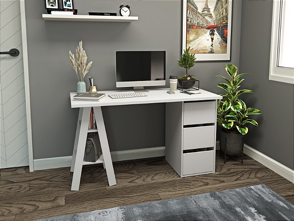 Mesa Escrivaninha 3 Gavetas - Linha Design - MB 1035 - Branco - Movelbento