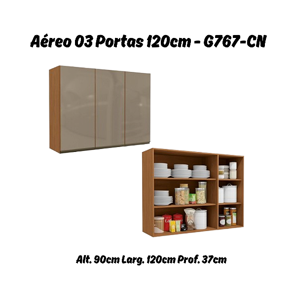 Aéreo 03 Portas 120cm com Vidro - Ref. G767 - Canela - Linha Maxxi - Kappesberg