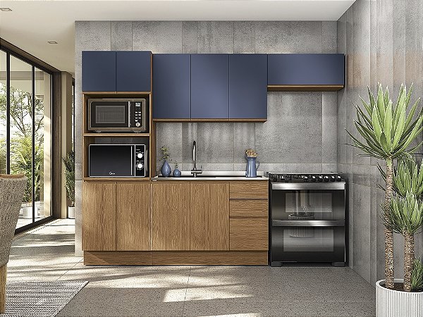 Cozinha Modulada 04 Pçs - Canela/Azul - Linha Ciela - Kappesberg