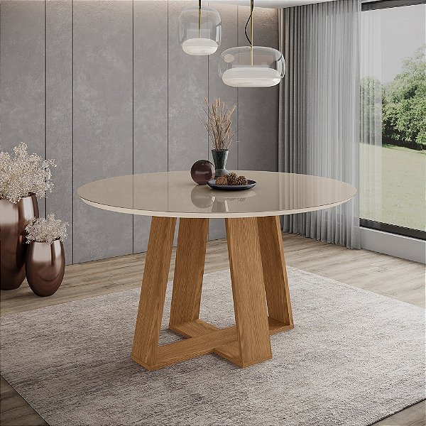 Mesa Lins Redonda Laqueada c/ Vidro 140cm - Ref. SC130-127 - Nature/Off White - Moveis Henn