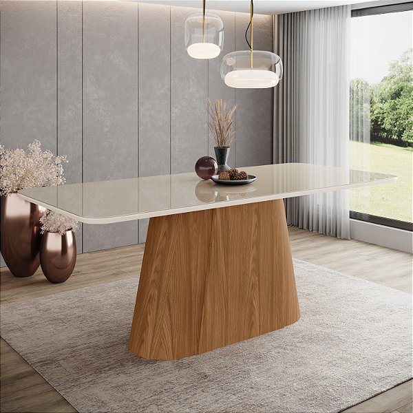 Mesa Olivia Retangular 200cm c/ Vidro - Ref. SC121-127 - Nature/Off White - Moveis Henn