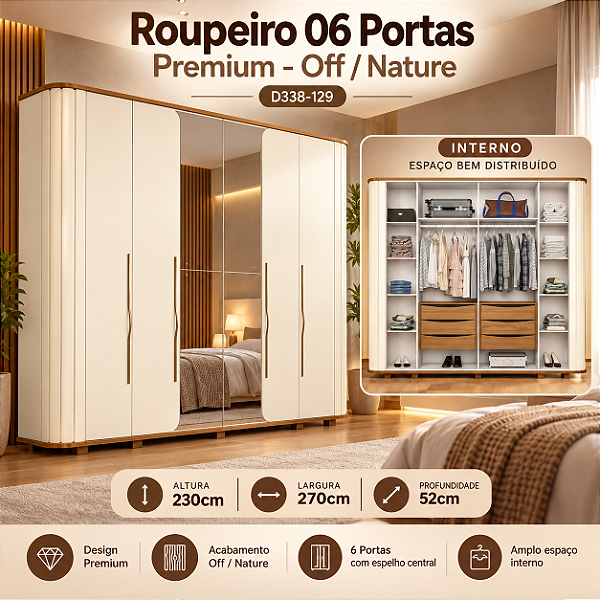 Roupeiro 270cm 06 Portas Premium - Ref. D338-129 - Off White/Nature - Moveis Henn