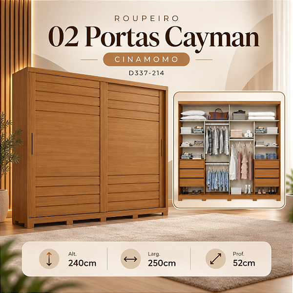 Roupeiro 250cm 02 Portas Cayman 100% MDF - Ref. D337-214 - Cinamomo - Móveis Henn