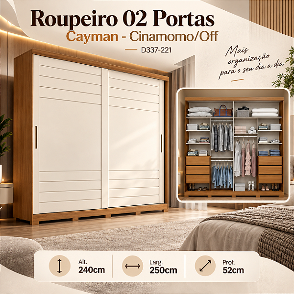 Roupeiro 250cm 02 Portas Cayman 100% MDF - Ref. D337-221 - Cinamomo/Off White - Móveis Henn