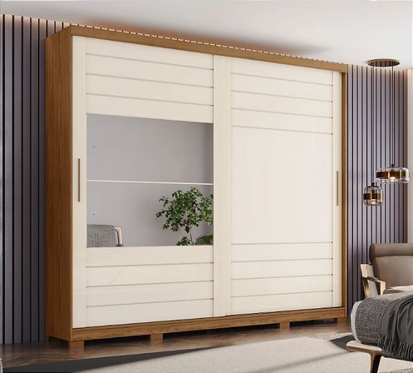 Roupeiro 02 Portas Cayman 100% MDF c/ Espelho - Ref. D337-127 - Nature/Off White - Móveis Henn