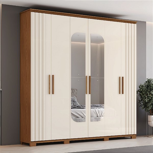 Roupeiro 06 Portas Avila c/ Espelhos - Ref. D333-127 - Nature/Off White - Móveis Henn