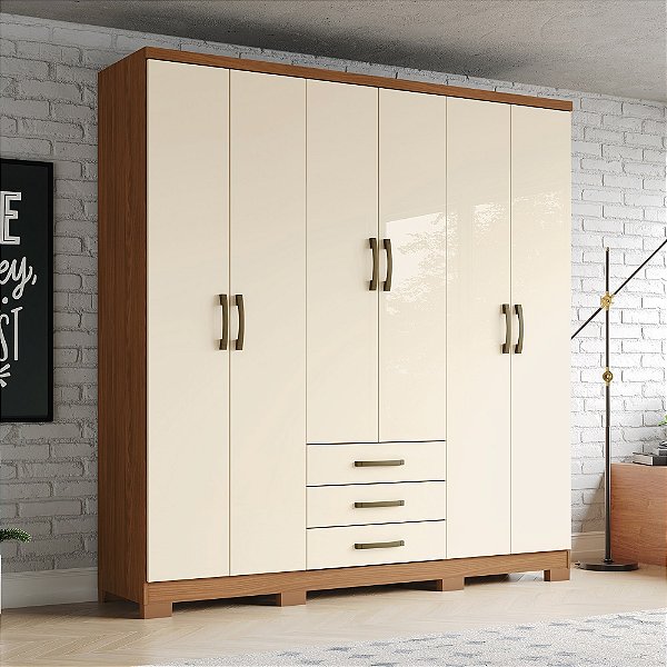 Roupeiro 06 Portas 03 Gavetas Caju - Ref. DA136-127 - Nature / Off White - Moveis Henn