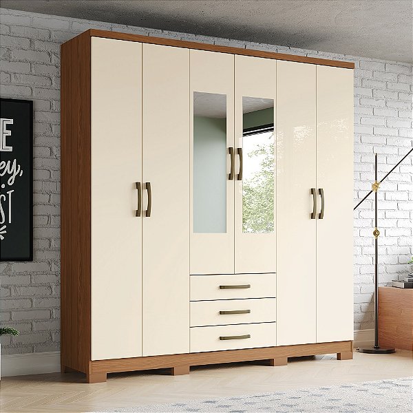 Roupeiro 06 Portas 03 Gavetas Caju c/ Espelhos - Ref. DA136-127 - Nature / Off White - Moveis Henn