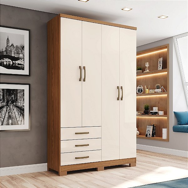 Roupeiro 04 Portas 03 Gavetas Caju - Ref. DA135-127 - Nature/Off White - Moveis Henn