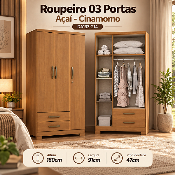 Roupeiro 91cm 03 Portas 02 Gavetas Açai - Ref. DA133-214 - Cinamomo - Moveis Henn