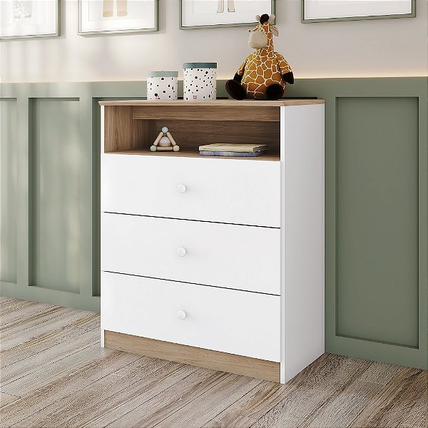 Comoda 03 Gavetas 01 Nicho - Ref. I726-190 - Branco / Jequitiba - Moveis Henn