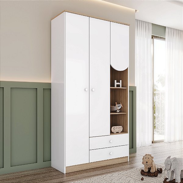 Roupeiro 03 Portas 02 Gavetas Magia - Ref. I131-190 - Branco/Jequitibá - Moveis Henn