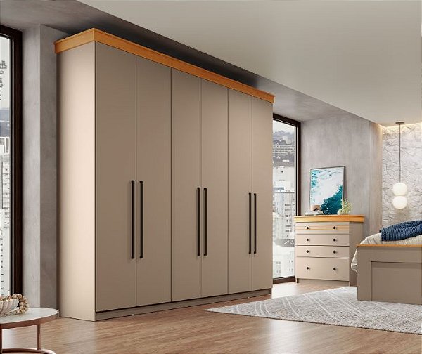 Roupeiro 06 Portas 02 Gavetas London 100% MDF Ref. LON1062 - Corda/Freijo - Móveis Primavera