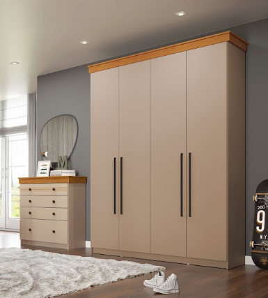 Roupeiro 04 Portas 02 Gavetas London 100% MDF - Corda/Freijo - Móveis Primavera
