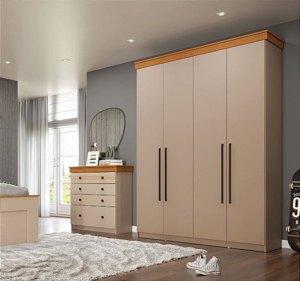 Roupeiro 04 Portas 02 Gavetas London 100% MDF Ref. LON1042 - Corda/Freijo - Móveis Primavera