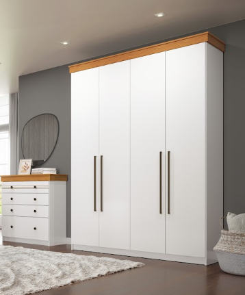 Roupeiro 04 Portas 02 Gavetas London 100% MDF - Branco/Freijo - Móveis Primavera