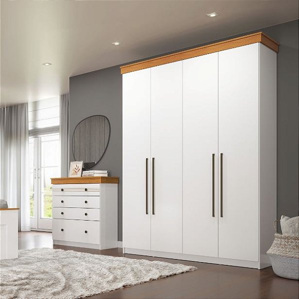 Roupeiro 04 Portas 02 Gavetas London Ref. LON1342 - Branco/Freijo - Móveis Primavera