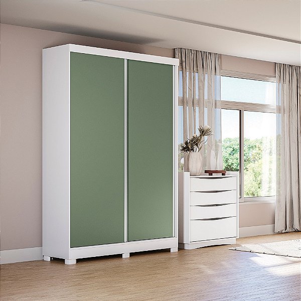 Roupeiro 02 Portas de Correr 02 Gavetas c/ Pé - Ref. CB02N571 - Branco/Nogueira-Verde - Móveis Kappesberg
