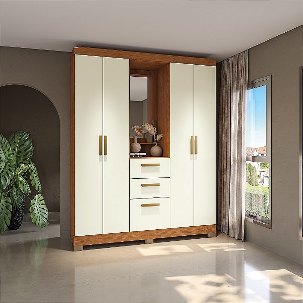 Roupeiro 05 Portas 02 Gavetas c/ Pé - Ref. CB01R591 - Canela/Off White - Móveis Kappesberg