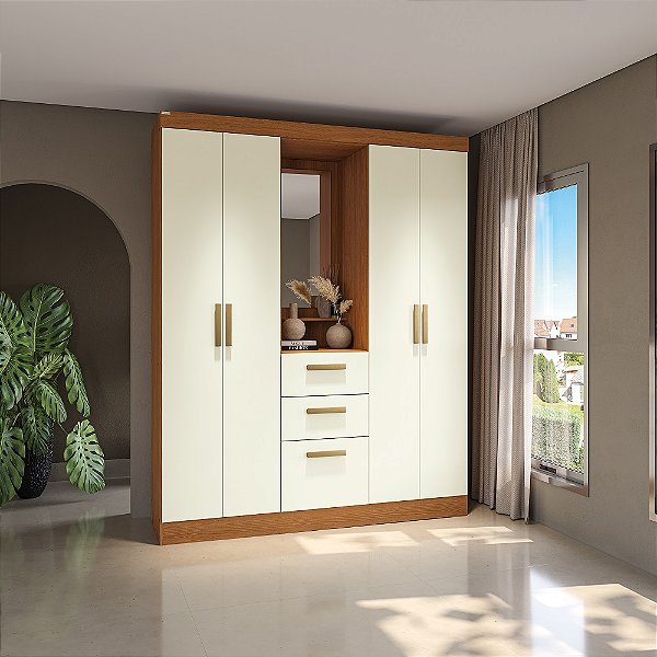 Roupeiro 05 Portas 02 Gavetas - Ref. R591 - Canela/Off White - Móveis Kappesberg