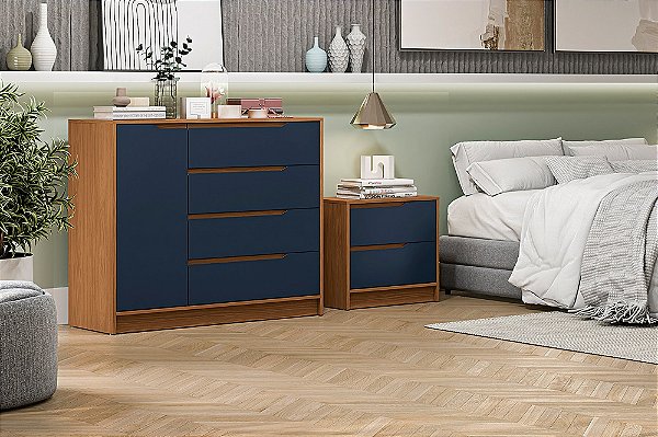 Cômoda 04 Gavetas 01 Porta - Ref. R260 - Canela/Azul - Kappesberg