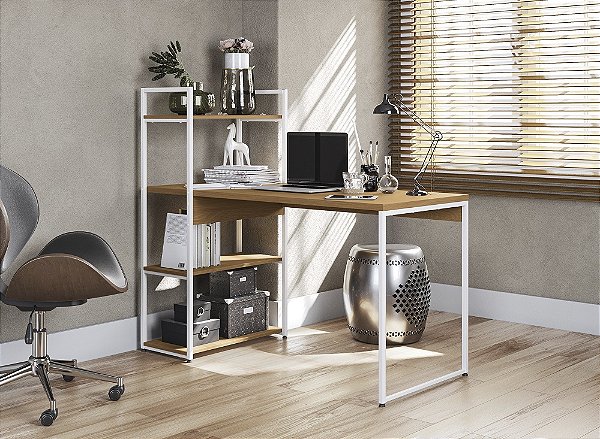 Mesa com Prateleiras LI010 - Canela/Branco - Linha Industrial - Kappesberg