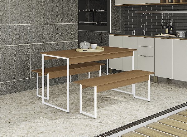 Mesa com 02 Bancos - Ref. LI013 - Canela/Branco - Linha Industrial - Kappesberg