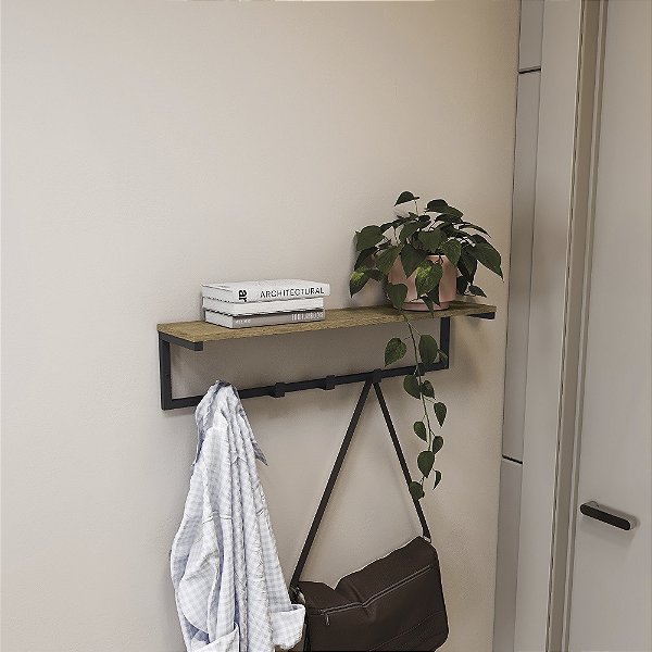 Prateleira c/ Cabide - LI042 - Freijo/Preto - Linha Industrial - Kappes Crome