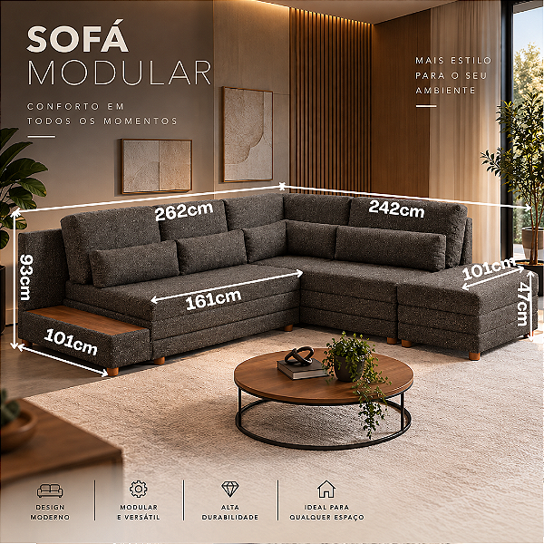 Sofa de Canto Vira-Cama Courie c/ Aparador - Rincão Estofados