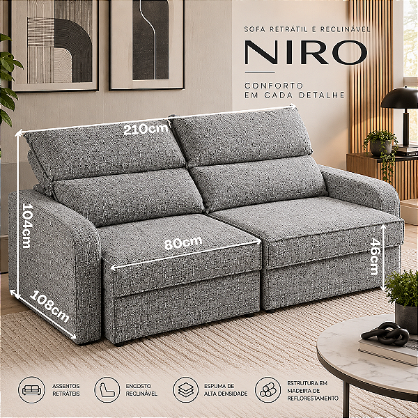 Sofá Retratil e Reclinável Niro 210cm - Estofados Rincão