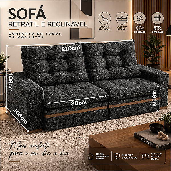 Sofá Retratil e Reclinável Tucson 210cm - Estofados Rincão