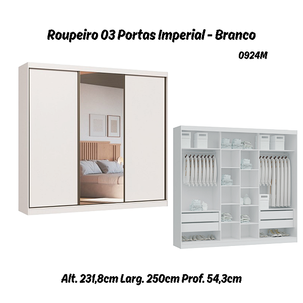 Roupeiro 03 Portas Imperial New 100% MDF - 0924M - Branco - Moveis Castro