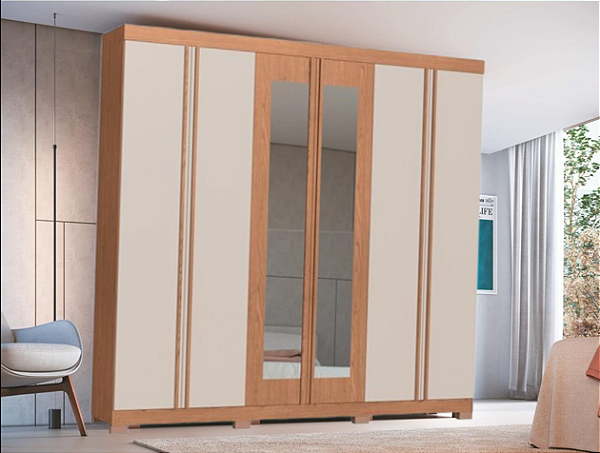 Roupeiro 06 Portas Eros 100% MDF com Espelho - 3450M - Cedro/Branco - Moveis Castro