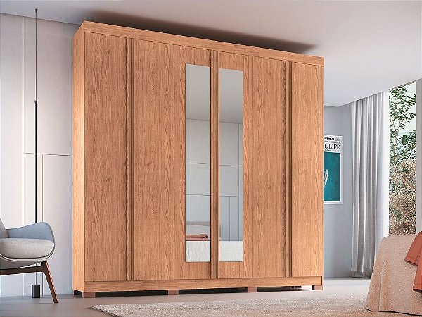 Roupeiro 06 Portas Eros 100% MDF com Espelho - 3450M - Cedro - Moveis Castro
