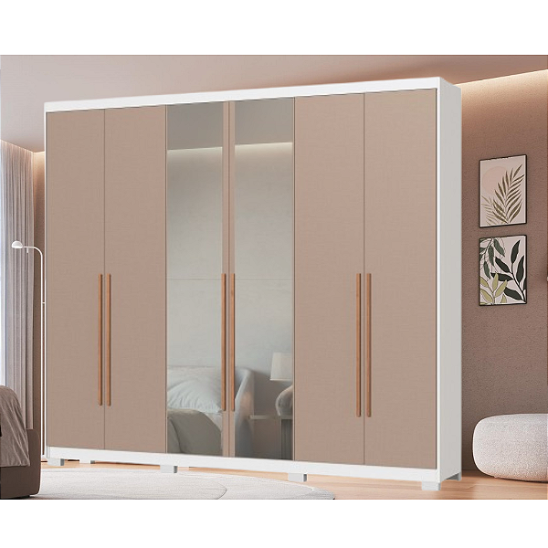 Roupeiro 06 Portas Brescia com Espelho - 3387A - Branco/Duna - Moveis Castro