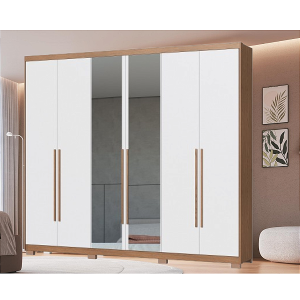 Roupeiro 06 Portas Brescia com Espelho - 3387A - Cedro/Branco - Moveis Castro