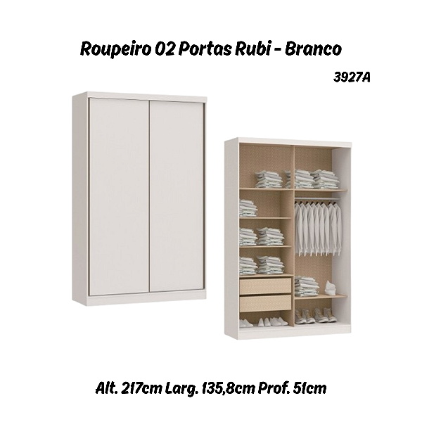 Roupeiro 02 Portas de Correr Rubi - 3927A - Branco - Moveis Castro