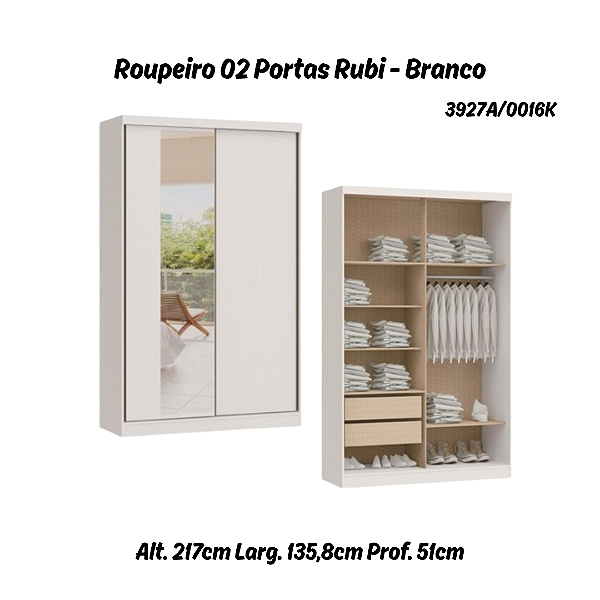 Roupeiro 02 Portas de Correr Rubi c/ Espelho G - 3927A - Branco - Moveis Castro